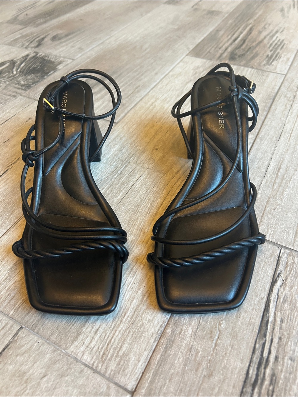 Marc Fisher LTD Maze Black Strappy Braided Block Heel Sandals Size 8.5